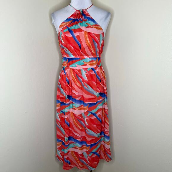 Cloth & Stone Midi Dress SMALL Red Abstract Print Beach Vacation Halter Tie NEW - Picture 2 of 11
